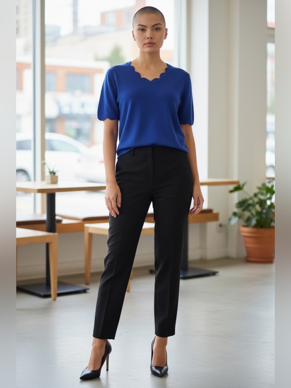 Cable & Gauge, Blue Scalloped Top, Soft Knit, XL, Elegant Short Sleeve